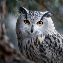 Obraz premium A large owl with yellow eyes is staring at the camera