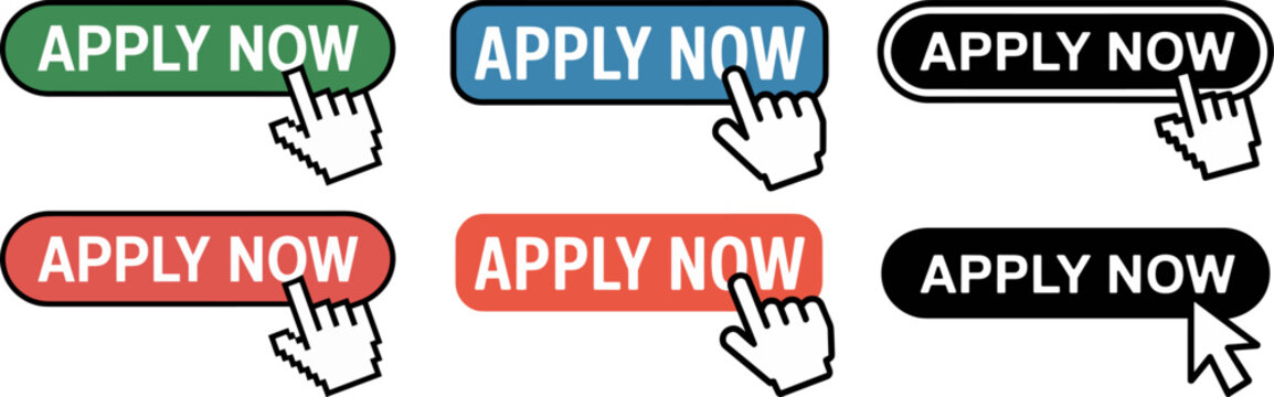 Apply Now Vector Icons Set – Cursor Clicking on Banner, Modern Web Button, Green and Red Call to Action, Flat Design Illustration

