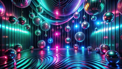 Disco Ball Celebration A Futuristic Setting with Vibrant Neon Lighting and Reflective Spheres
