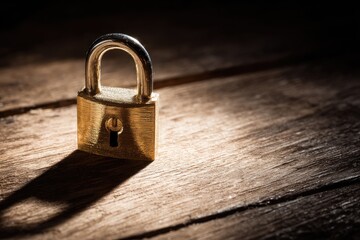 A brass padlock on a rustic wooden surface