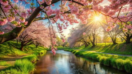 Serene Springtime Riverbank with Blossoming Cherry Trees Bathed in Golden Sunlight