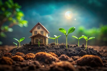 New Home Growth Miniature House Nestled Amongst Emerging Seedlings in Rich Soil Under a Bright Sky