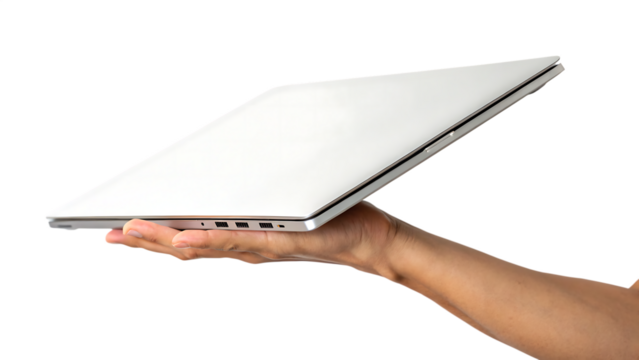 White laptop computer held in hand isolated on a white background png generated ai