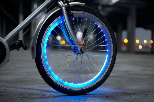 Close-up of bicycle wheel with vibrant blue led lights in urban setting
