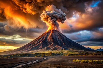 Majestic Volcano Erupting at Sunset with Dramatic Clouds and a Small Stream