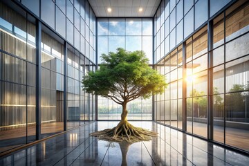 A majestic tree thrives in a modern glass atrium, bathed in the warm glow of the setting sun, symbolizing growth and harmony between nature and urban development.