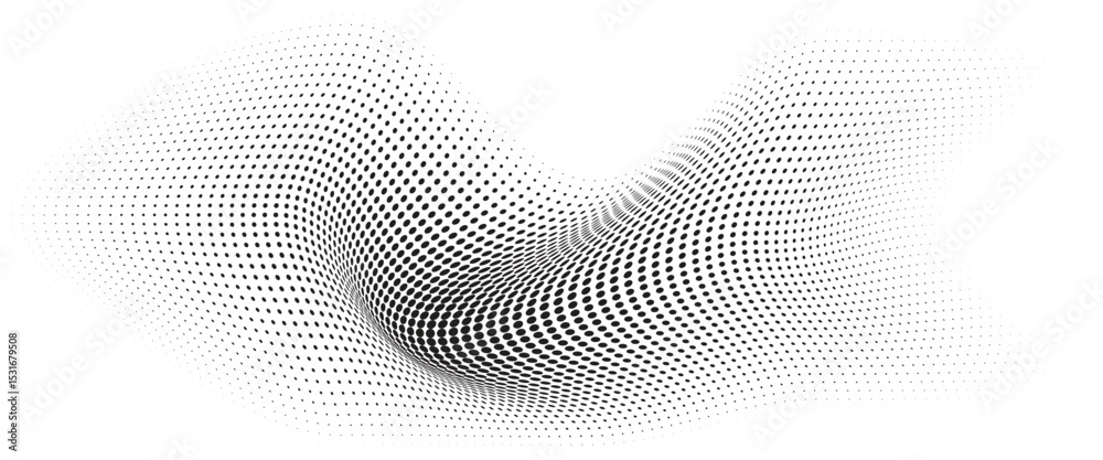 Poster flowing wave dot halftone pattern: curve gradient shape on transparent background. suitable for ai, 