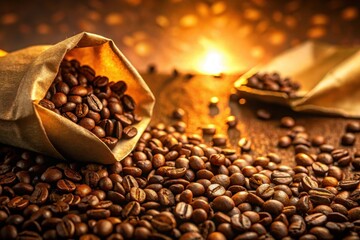 Roasted Coffee Beans Pouring From Paper Sack, Golden Hour Lighting, Aromatic Beverage, Rich and Dark Brown, Close-up View