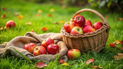 A wicker basket brimming with ripe, red apples rests on a soft burlap cloth in a verdant meadow, surrounded by fallen autumn leaves and additional apples scattered nearby.