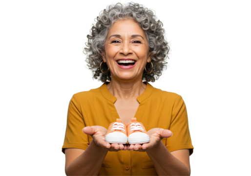 Joyful grandma expects a grandchild holding baby shoes