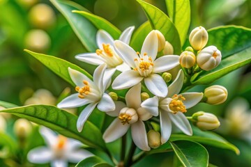 Delicate White Blossoms of a Citrus Tree Branch with Vibrant Green Foliage in Close-Up View