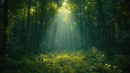 Obraz premium Sunlight streams through dense forest