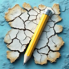 A yellow pencil lies on cracked, dry earth