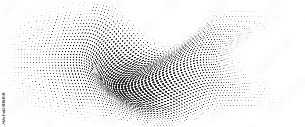 Poster Flowing Wave Dot Halftone Pattern: Curve Gradient Shape on Transparent Background. Suitable for AI, Tech, Network, Digital, Science, and Technology Themes.