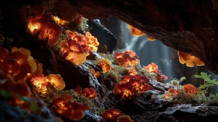 Enchanted cave illuminated by glowing mushrooms, a magical bioluminescent garden