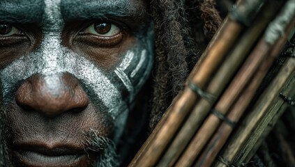 Intense gaze of a tribal warrior with traditional face paint and dreadlocks