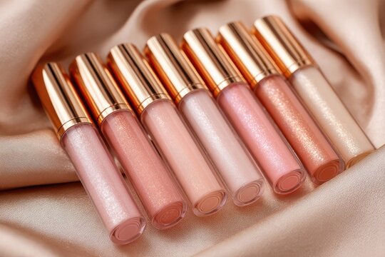 A row of shimmering lip glosses in various shades of pink and beige