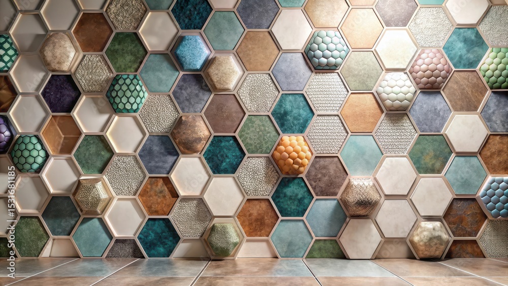 Wall mural a captivating honeycomb wall showcasing an array of textured and colored hexagon tiles, featuring th
