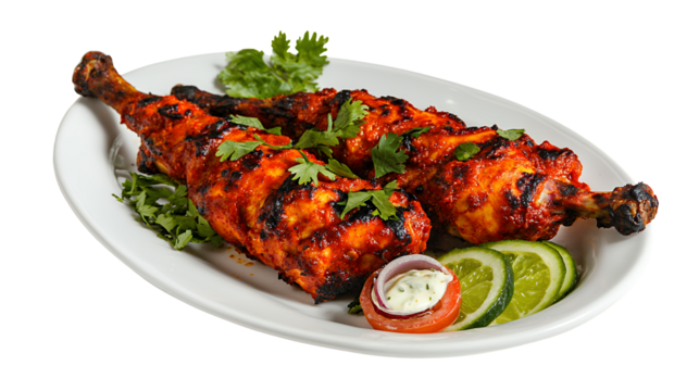 Tandoori Chicken Leg Quarters Garnished with Cilantro Tomato and Cucumber on a White Plate