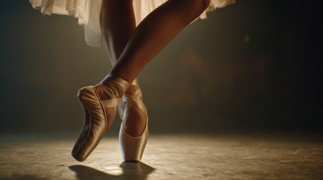 Cinematic close up of a ballerina's feet elegantly poised in pointe shoes on stage, highlighting the grace and precision inherent in the art of ballet performance