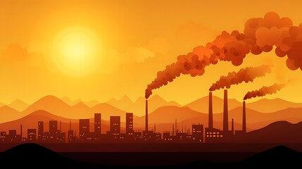 Industrial Skyline at Sunset with Smokestacks and Mountain Horizon Environmental Impact Carbon Recycling Factories Cityscape