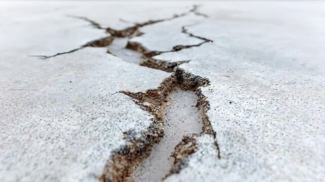 Cracked concrete surface showing soil in fissure and visible damage