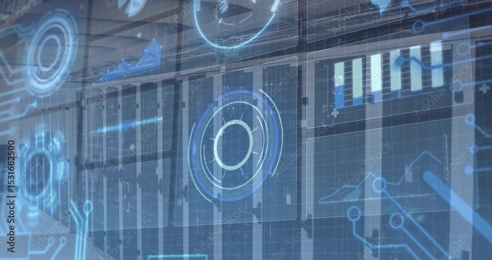 Poster system initializing holographic overlay animating over server racks, with charts updating metrics