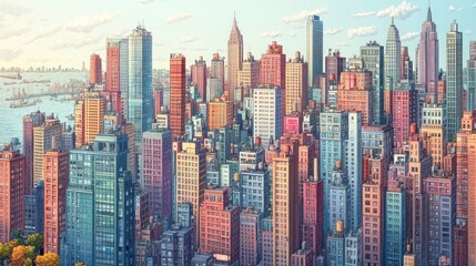 Obraz premium a sprawling cityscape painting captures the essence of urban ambition with its meticulously rendered architecture and vibrant color palette evoking a sense of dynamic city life