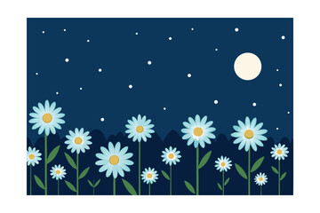 Fototapeta premium Serene Night Garden Moonlit Daisies Under Starry Sky