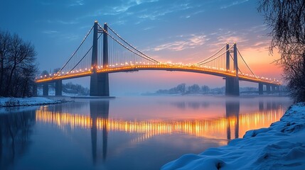 Obraz premium Illuminated bridge over river at sunrise, winter scene