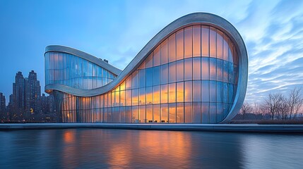 Fototapeta premium Modern architectural building by water at dawn