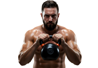 Strong man lifting kettlebell at gym workout sport