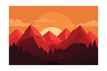 Naklejka premium Majestic Sunset Mountain Landscape A Fiery Panorama of Peaks and Pines