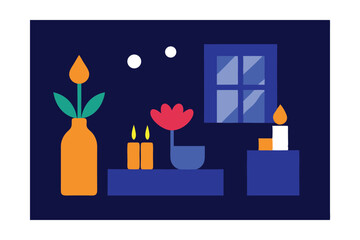 Serene Nighttime Still Life Candles, Flowers, and Tranquil Window View