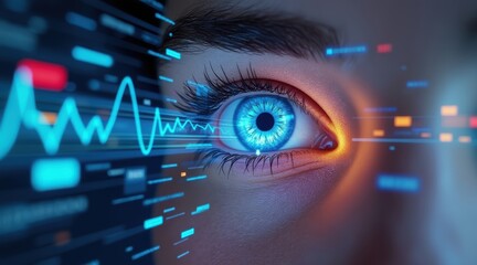 A close-up of a blue human eye with futuristic digital graphics and data streams overlaying it, symbolizing technology and data visualization.
