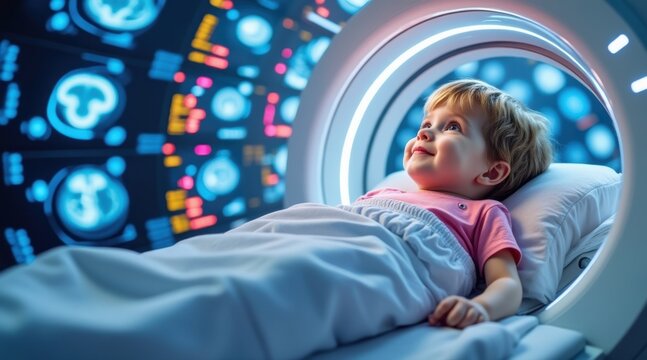 A young child lies inside an MRI scanner, looking calm and curious during a brain imaging procedure.