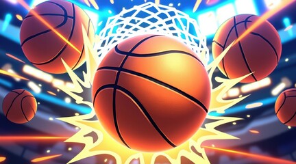 A dynamic illustration of basketballs swishing through a hoop with energetic lighting and motion effects highlighting the game's excitement.