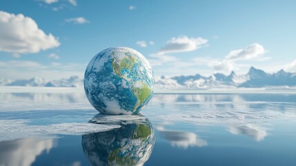 Earth globe on melting ice, reflecting in calm water, with mountains in background.