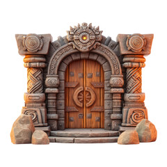 Ancient Stone Doorway With Intricate Carvings And Wooden Entrance Surrounded By Boulder Formation