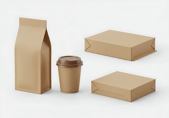 Minimalist Brown Paper Packaging: Bag, Coffee Cup, and Two Recta