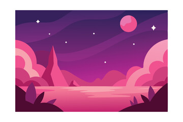 Pink Night Sky Landscape Dreamy Pink Mountains, Stars, and a Giant Pink Moon