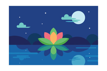 Serene Night Bloom Lotus Flower Reflection in Moonlight