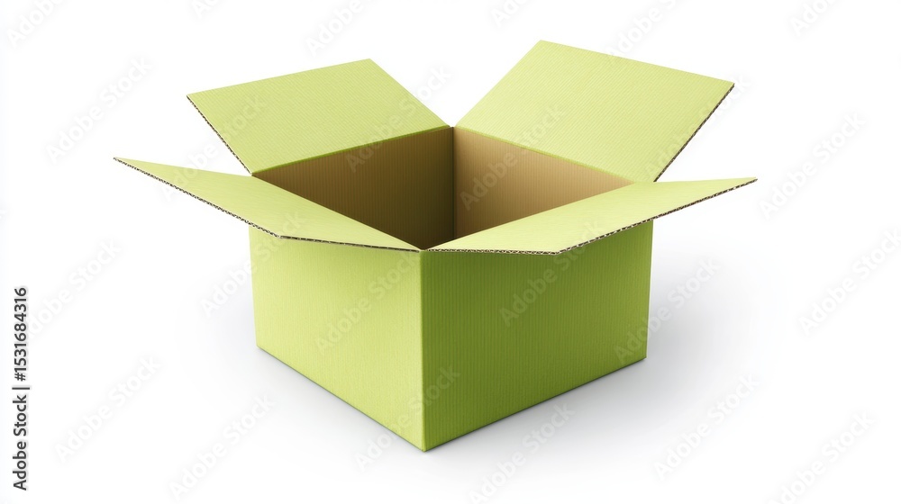Poster open empty light green cardboard box isolated on white background.