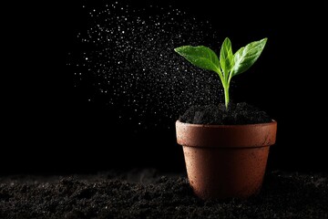 Young sprout in terracotta pot, water droplets