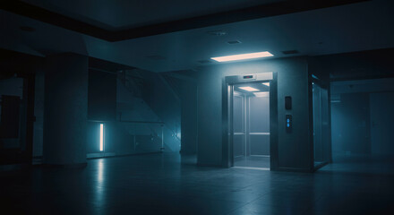 Dimly lit elevator hallway with modern design and blue lighting  