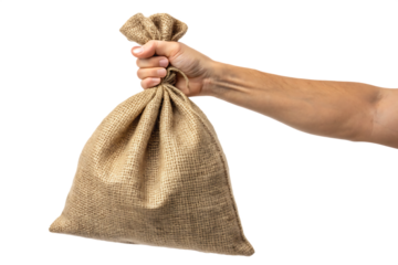 Hand holding burlap sack isolated on a white background png generated ai