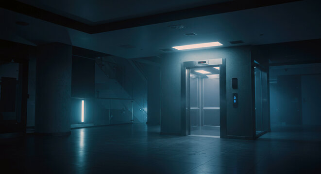 Dimly lit elevator hallway with modern design and blue lighting   - Powered by Adobe