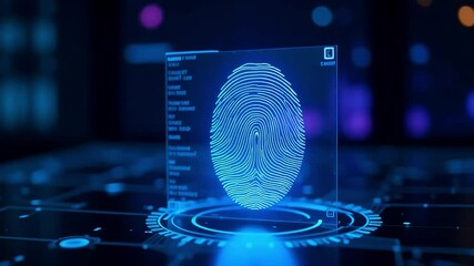 Blue fingerprint scan on a futuristic interface with glowing digital circuitry design element - Powered by Adobe
