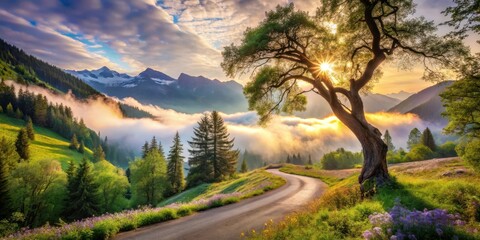 Serene Sunrise Over Misty Mountain Road and Lush Meadow with Majestic Tree