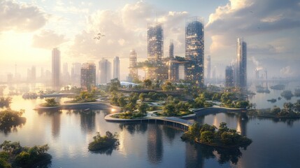 Fototapeta premium dreamlike metropolis showcasing eco-conscious architectural marvels and a serene waterfront environment promoting sustainability and urban harmony fostering an idyllic lifestyle